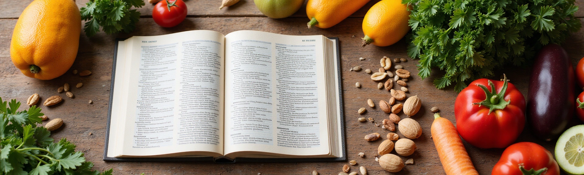 Fondo con un libro abierto y alimentos saludables, simbolizando un blog de nutrición.