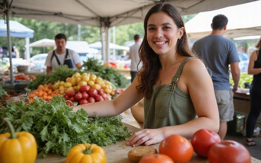 Mujer en un mercado de agricultores eligiendo frutas