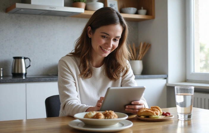 Mujer sonriendo mientras completa un cuestionario de salud en línea en una tablet.