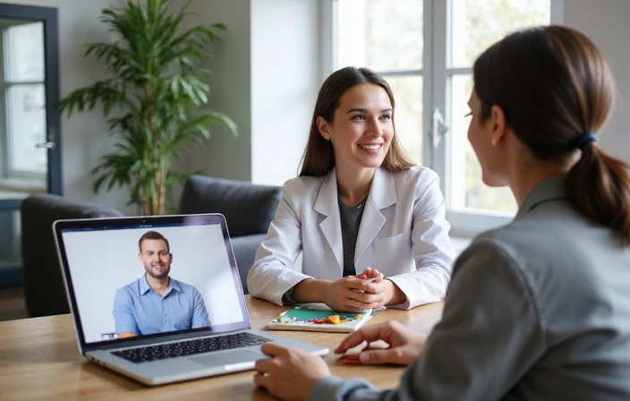Nutricionista interactuando amigablemente con un paciente a través de una videollamada en un portátil.