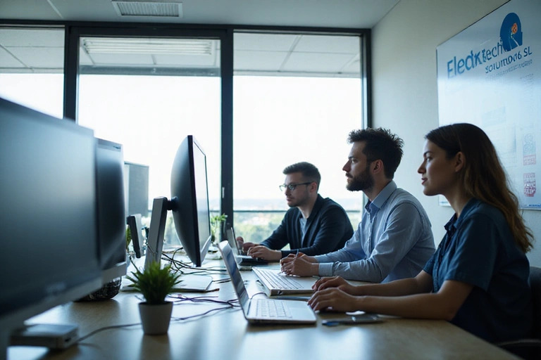 Oficina moderna con personas trabajando y logo de ElectroTech Solutions S.L.