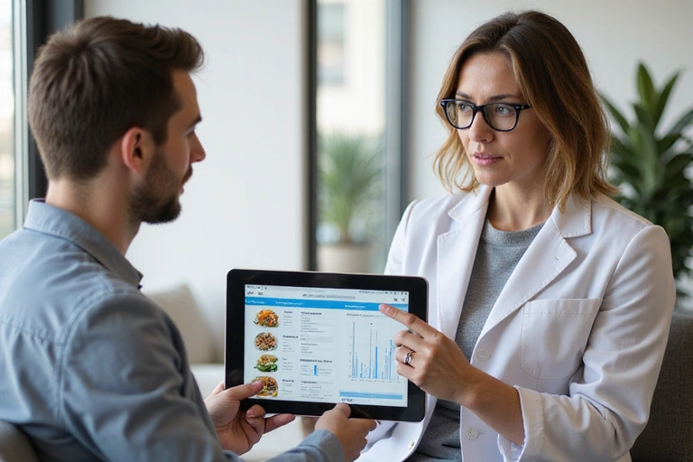 Profesional de la salud explicando dieta a un paciente